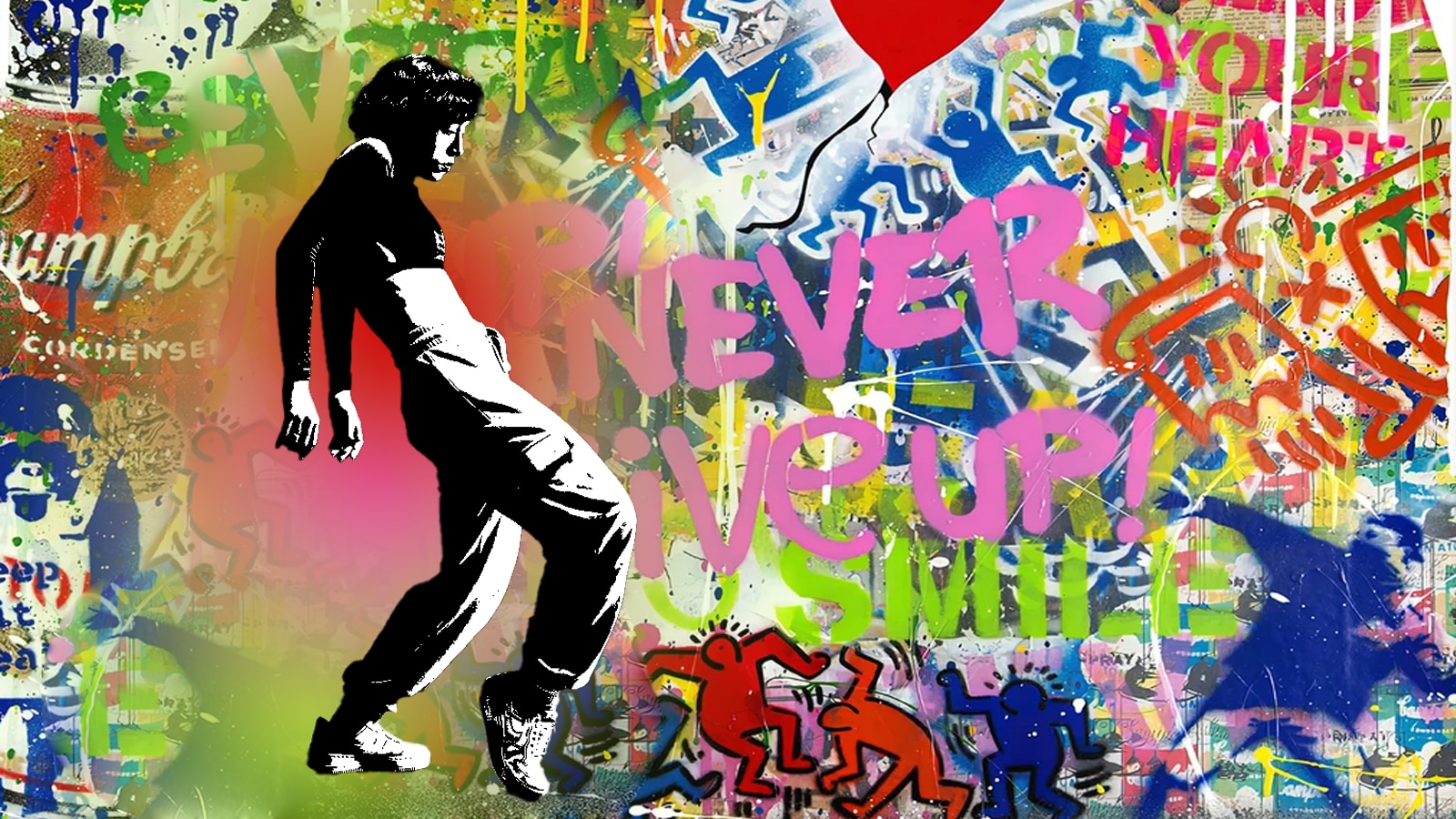 A black and white image of a person in a dance move in front of a graffiti art background