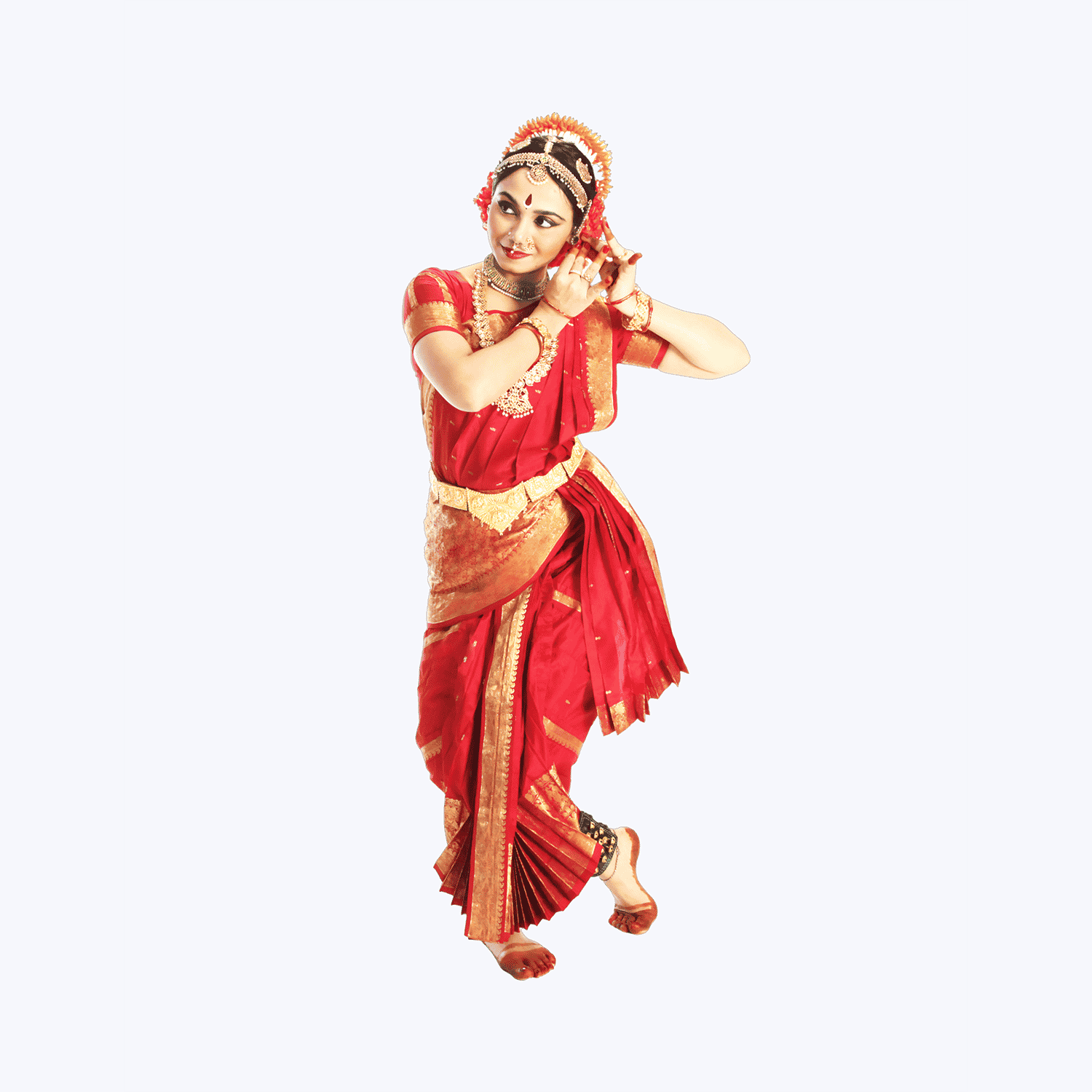 Dancer in red and gold traditional Indian dance outfit
