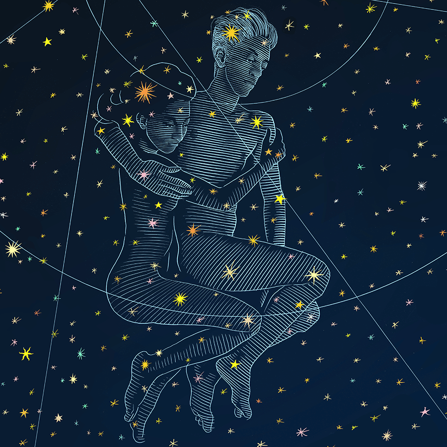 Illustration of two people in an embrace against a background of a star map